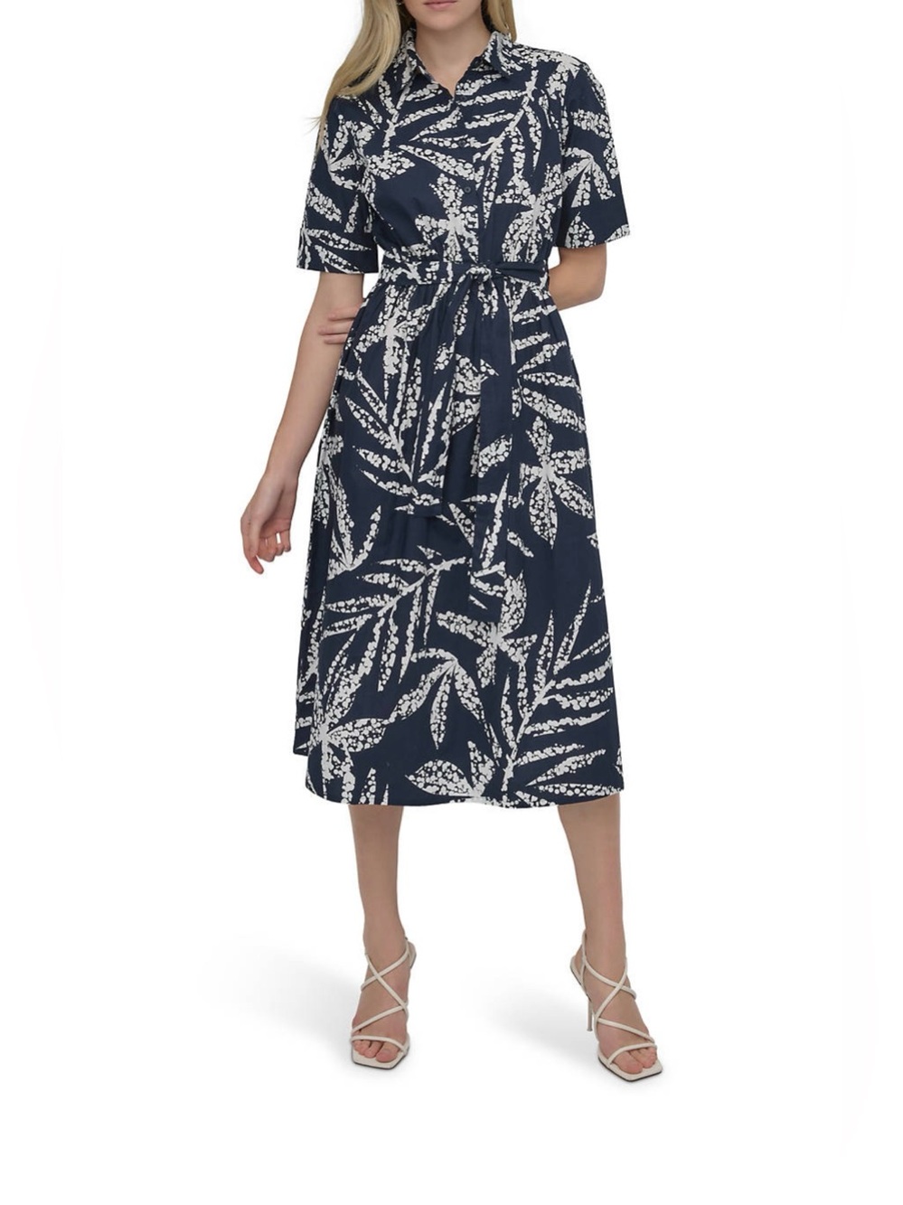 DKNY Navy Palm Leaf print dress Size 12 belted shirt mid-length dress